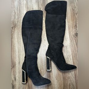 Bamboo Women’s Over Knee Thigh High Gold Metal Frame Chunky Block Heel Size 5.5